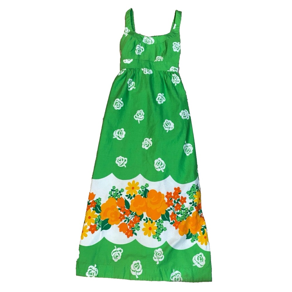 70s Malia Vtg Honolulu Green Neon Rainbow Island Hawaiian Maxi Dress Boho Floral